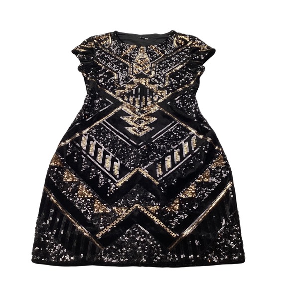 Express Dresses & Skirts - Express Womens Black Velvet Sequin Art Deco Mini Dress Gold Silver XS XS/TP